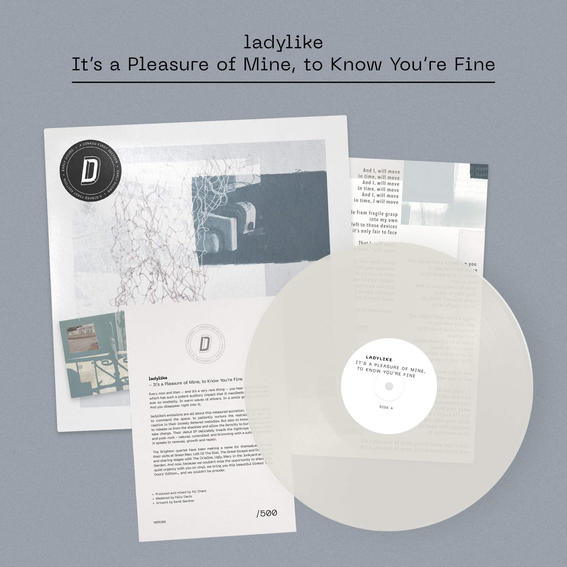 Image of Back Cover of LP - NEW/NEW - LADYLIKE, It's a Pleasure of Mine, to Know You're Fine - Dinked Edition (Heist or Hit; NERD08, Europe 2026, Insert, Print, Milky clear vinyl, Pocket-sized linen art print, Signed and numbered A5 debossed Dinked insert, Limited pressing of 500, EXCLUSIVE to Dinked Edition), ,   Milky clear vinyl  Pocket-sized linen art print  Signed and numbered A5 debossed Dinked insert  Limited pressing of 500EXCLUSIVE to Dinked Edition - 1856066S