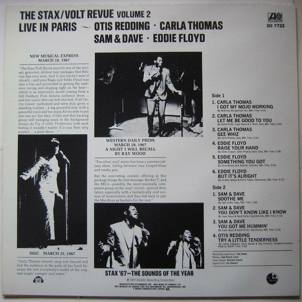 Image of Back Cover of LP - VG+/EX - VARIOUS, The Stax / Volt Revue, Volume 2, Live In Paris (Atlantic; SD 7722, Canada ), ,  - 0726010E