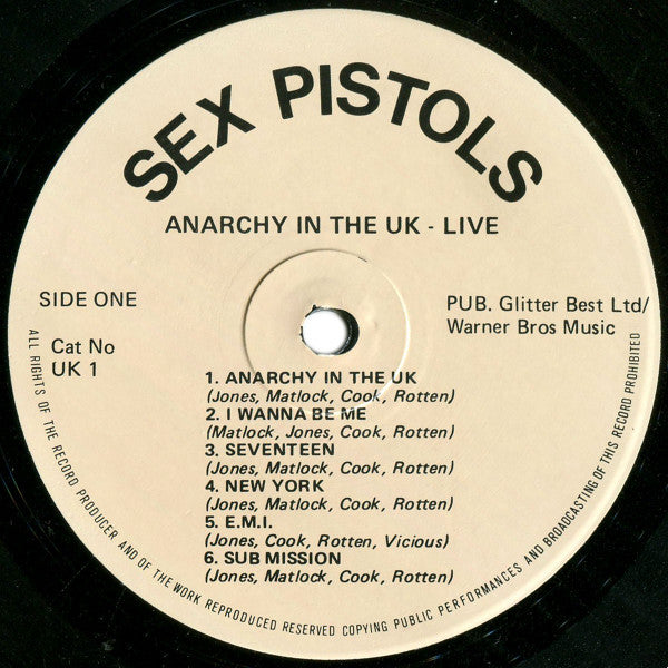 Image of Label Cover of LP - VG/VG - SEX PISTOLS, Anarchy In The UK - Live (Not On Label ; UK 1, UK 1985, Unofficial), Light hairlines on the record. Sleeve has discolouration, creases, edgewear.,  - 0726025E