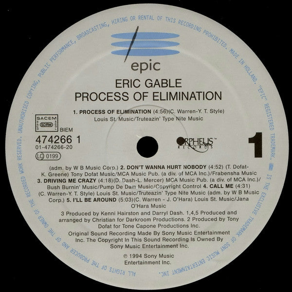 Image of Label Cover of LP - VG/VG - ERIC GABLE, Process Of Elimination (Epic; 474266 1, Europe 1994), Edge Wear, Small Tear Top Sleeve,  - 0746069S