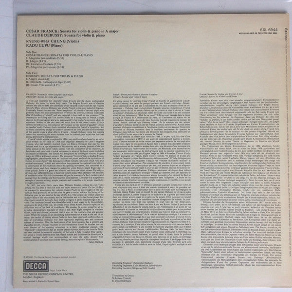 Image of Back Cover of LP - VG/VG - KYUNG-WHA CHUNG, RADU LUPU,, Franck: Sonata For Violin & Piano In A Major / Debussy: Sonata For Violin & Piano (Decca Black Boxed Narrowband; SXL 6944, UK 1980), Edge Wear,  - 0626081E