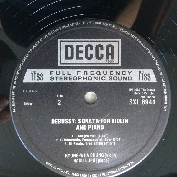Image of Label Cover of LP - VG/VG - KYUNG-WHA CHUNG, RADU LUPU,, Franck: Sonata For Violin & Piano In A Major / Debussy: Sonata For Violin & Piano (Decca Black Boxed Narrowband; SXL 6944, UK 1980), Edge Wear,  - 0626081E