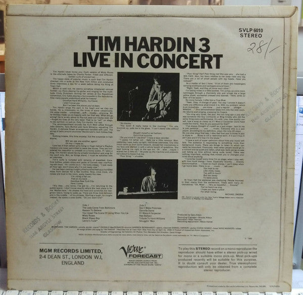Image of Back Cover of LP - G+/VG - TIM HARDIN, Tim Hardin 3 Live In Concert (Verve Forecast; SVLP 6010, UK 1968, Laminated Front Sleeve), Sleeve has many creases and ringwear. Rear has discolouration.Light marks on the vinyl. ,  - 0726093E