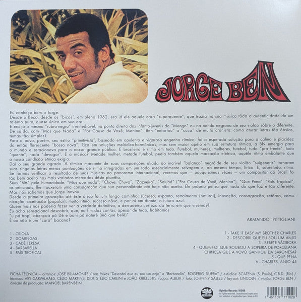 Image of Back Cover of LP - NEW/NEW - JORGE BEN, Jorge Ben (Opiniao; 91006, Europe 2026 Reissue, Stereo), ,  - 3536159E