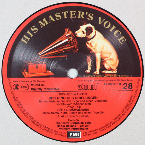 Image of Label Cover of 14xLP - VG/EX - WILHELM FURTW NGLER, ORCHESTRA SINFONICA E CORO DELLA RADIO ILTALIANA, Wagner: Der Ring Des Nibelungen (His Master's Voice; 29 0670 3, Europe 1986, Box Set, Booklet, Mono DMM Digital Remaster), Box Intact, But a Little Worn,  - 0626085E