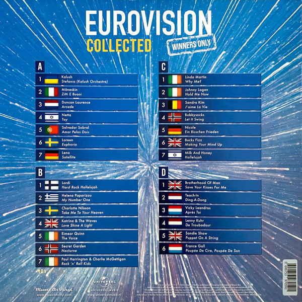 Image of Back Cover of 2xLP - VG/EX - VARIOUS, Eurovision Collected: Winners Only (Music On Vinyl; MOVLP3316, Europe 2023, Insert, Blue Vinyl, Numbered), Edge and ring wear. Pristine discs. Numbered 1352/2000.,  - 0746100S