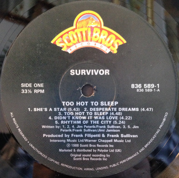Image of Label Cover of LP - VG+/VG - SURVIVOR, Too Hot To Sleep (Scotti Bros. Records; 836 589-1, UK 1988, Inner), Strong VG, Just a couple of hairlines ,  - 0716134C