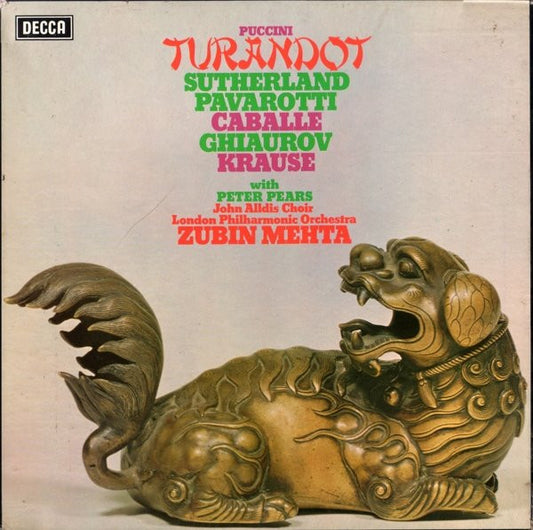 Image of Front Cover of 3xLP - VG/VG+ - ZUBIN MEHT, SUTHERLAND, PAVAROTTI, CABALLE, GHIAUROV, KRAUSE WITH PETER PEARS, JOHN ALLDIS CHOIR, LONDON PHILHARMONIC ORCHESTRA, ZUBIN, Puccini: Turandot (Decca; SET 561-3, UK 1973, Box Set, Booklet), ,  - 0726105E