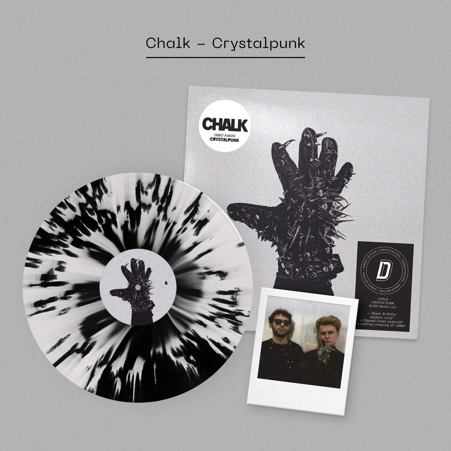 Image of Back Cover of LP - NEW/NEW - CHALK, Crystalpunk - Dinked Edition (ALTER Music LLC; ALT005R, UK 2026, Signed Chalk Polaroid, Black & White Splatter Vinyl, Signed Chalk polaroid (1 random photo from a selection), Limited pressing of 1,000), , Irish duo Chalk s full-length debut LP, Crystalpunk, speaks directly to the upbringing and roots of the band members award-winning musicians and filmmakers Ross Cullen [vocalist + producer] and Benedict Goddard [multi-instrumentalist + director]. The beauty, con
