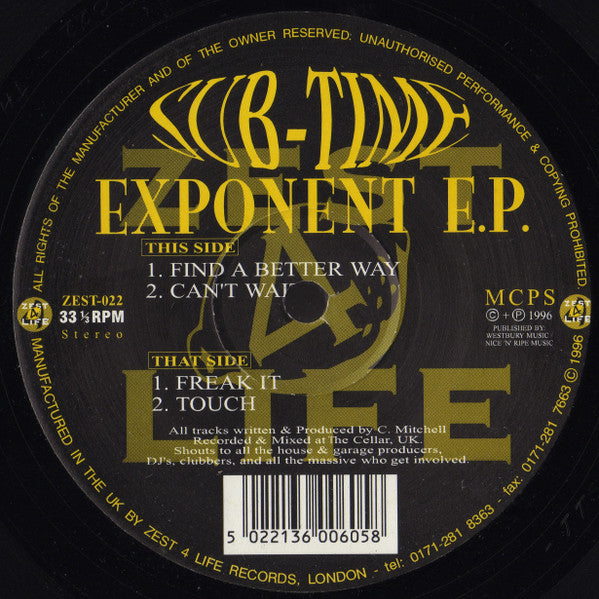 Image of Front Cover of 12" EP - /VG - SUB-TIME, Exponent E.P. (Zest 4 Life; ZEST-022, UK 1996), , A1	Find A Better WayA2	Can't Wait	B1	Freak ItB2	Touch - 3916520C
