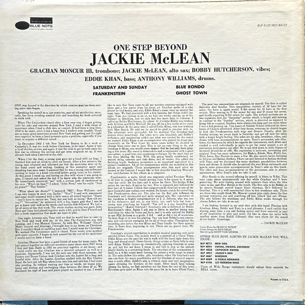 Image of Back Cover of LP - VG/VG - JACKIE MCLEAN, One Step Beyond (Blue Note; BST 84137, US 1973 Reissue), Light marks only. Slight discolouring to the sleeve. Minor edge and ring wear.,  - 0746252S