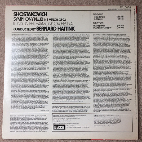 Image of Back Cover of LP - VG+/VG+ - BERNARD HAITINK, LONDON PHILHARMONIC ORCHESTRA, Shostakovich: Symphony No. 10 (Decca Black Portrait Label; SXL 6838, UK 1977), ,  - 0726114E