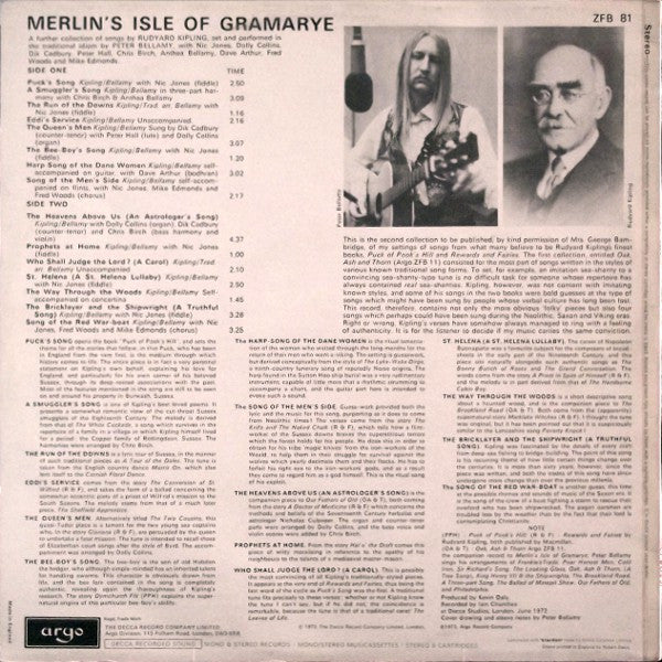 Image of Back Cover of LP - VG+/EX - PETER BELLAMY, Merlin's Isle Of Gramarye (Argo; ZFB 81, UK 1972, Laminated Front Sleeve), Looks Unplayed,  - 0726221E
