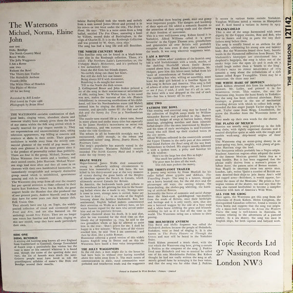 Image of Back Cover of LP - VG+/VG+ - THE WATERSONS, The Watersons (Topic Blue Label; 12T142, UK 1970s Reissue, Laminated Front Sleeve), Strong VG+, Sticker Stuck To Rear Sleeve,  - 0726216E