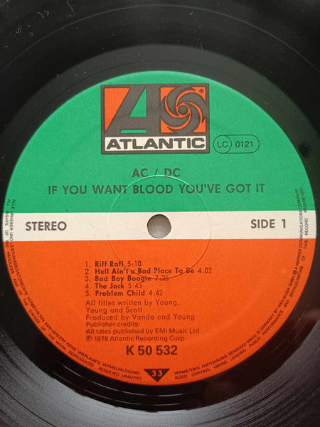 Image of Label Cover of LP - VG/VG - AC/DC, If You Want Blood You've Got It (Atlantic Green & Orange Labels; K 50 532, UK 1980s Reissue, No GEMA on Labels, LC in Top Right of Labels), Strong VG,  - 0716324C