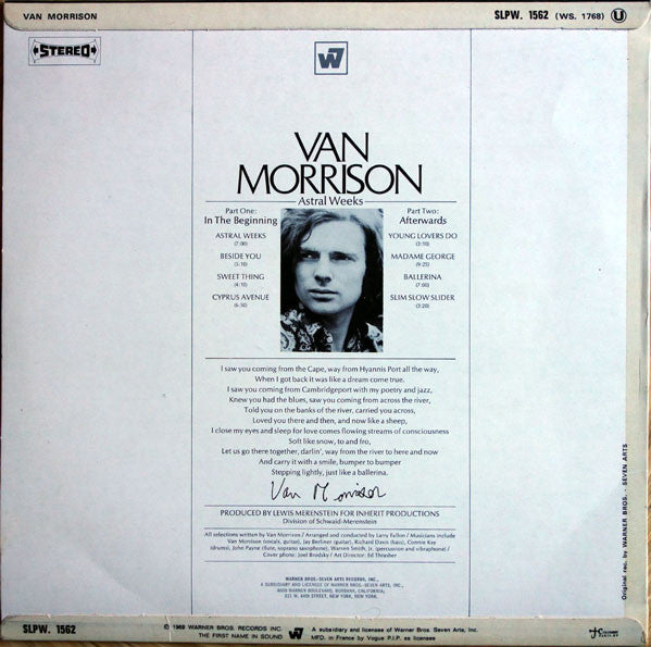 Image of Back Cover of LP - VG/G+ - VAN MORRISON, Astral Weeks (Warner Bros. - Seven Arts Records ; SLPW 1562, France 1969, Laminated Flipback Sleeve), ,  - 0726211E