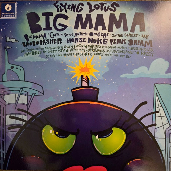 Image of Back Cover of 12" EP - NEW/NEW - FLYING LOTUS, BIG MAMA (Brainfeeder; BF157, Europe 2026, 12" x 12" Sticker Sheet, 140 Gram Blue Vinyl Housed in 3mm Spined Sleeve), ,  - 1056096S
