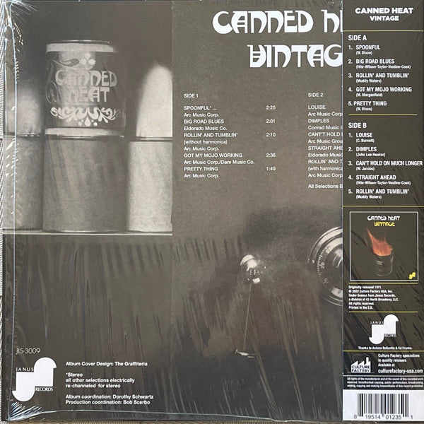 Image of Back Cover of LP - VG+/VG+ - CANNED HEAT, Vintage (Janus Records; JLS-3009, Worldwide 2023 Reissue, Inner, RSD 2023 Release. Clear Red/Black Splatter), Light wear to inner.,  - 0746299S