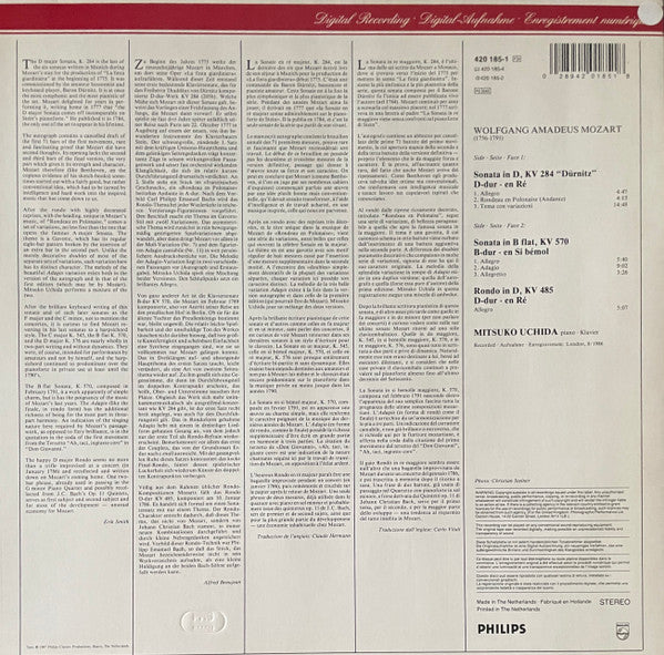 Image of Back Cover of LP - VG/VG - MITSUKO UCHIDA, Mozart: Piano Sonatas KV 284 & 570; Rondo KV 485 (Philips; 420 185-1, Europe 1987), Strong VG,  - 0726117E