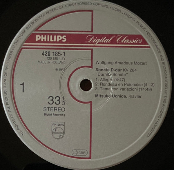 Image of Label Cover of LP - VG/VG - MITSUKO UCHIDA, Mozart: Piano Sonatas KV 284 & 570; Rondo KV 485 (Philips; 420 185-1, Europe 1987), Strong VG,  - 0726117E