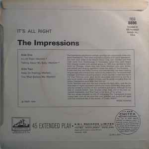 Image of Back Cover of 7" EP - /VG+ - THE IMPRESSIONS, It's All Right (His Master's Voice; 7EG 8896, UK 1964, Plain Sleeve, Mono, 4 prong centre), , A1 - It's All RightA2 - Talking About My BabyB1 - Keep On PushingB2 - You Must Believe Me - 0756108S