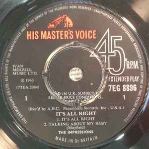 Image of Label Cover of 7" EP - /VG+ - THE IMPRESSIONS, It's All Right (His Master's Voice; 7EG 8896, UK 1964, Plain Sleeve, Mono, 4 prong centre), , A1 - It's All RightA2 - Talking About My BabyB1 - Keep On PushingB2 - You Must Believe Me - 0756108S