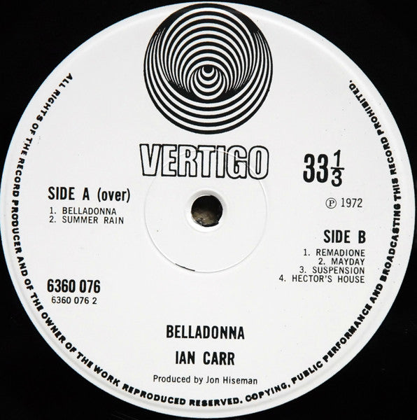 Image of Label Cover of LP - VG+/VG+ - IAN CARR, Belladonna (Vertigo; 6360 076, UK 1972, Gatefold, Vertigo Spiral Inner, Matrix 6360076 1Y //116, "VO PRICE CODE" vertical on front of the cover), Lovely Copy!,  - 0746319S