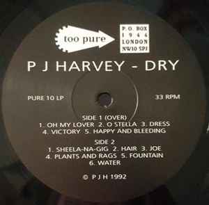 Image of Label Cover of LP - VG+/VG+ - PJ HARVEY, Dry (Too Pure; PURE 10 LP, UK 2020 Reissue, Inner, Metropolis Studios Cut), ,  - 0716483C