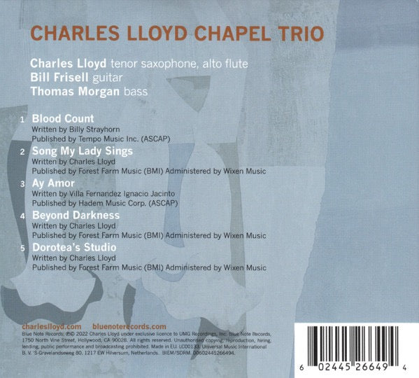 Image of Back Cover of CD - VG+/VG+ - CHARLES LLOYD, Trios: Chapel (Blue Note; 00602445266494, Europe 2022, Fold Over Sleeve), ,  - 0716495C