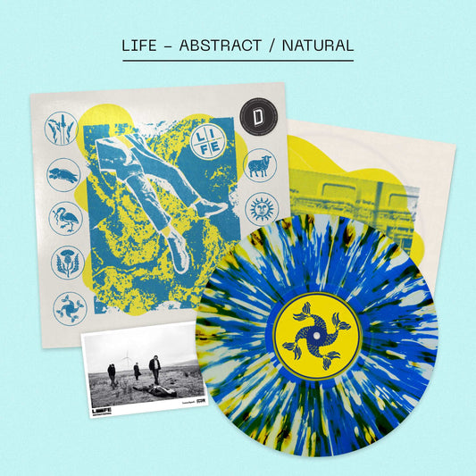 Image of Front Cover of LP - NEW/NEW - LIFE, ABSTRACT / NATURAL (Launchpad+; LPLUS074e, UK 2026, Insert, Band Photograph, Blue, Green & Yellow Splatter Vinyl, Alternative artwork outer sleeve, Limited pressing of 500, Dinked Edition), , Proudly independent and deeply rooted in community, LIFE are a tightly-bonded collective whose creative world has always extended far beyond their music. On ABSTRACT / NATURAL, that world expands further still.  - 9072618C