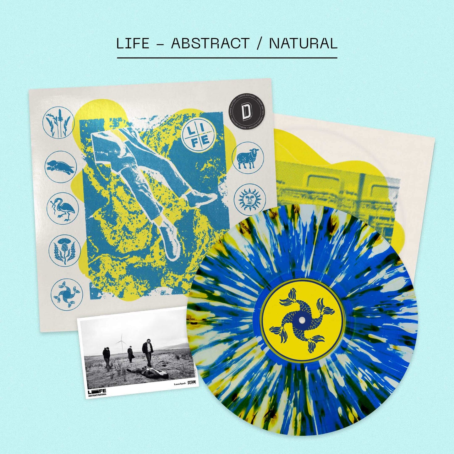 Image of Front Cover of LP - NEW/NEW - LIFE, ABSTRACT / NATURAL - Dinked Edition (Launchpad+; LPLUS074e, UK 2026, Insert, Band Photograph, Blue, Green & Yellow Splatter Vinyl, Alternative artwork outer sleeve, Limited pressing of 500, Dinked Edition), , Proudly independent and deeply rooted in community, LIFE are a tightly-bonded collective whose creative world has always extended far beyond their music. On ABSTRACT / NATURAL, that world expands further still.  - 2516215C