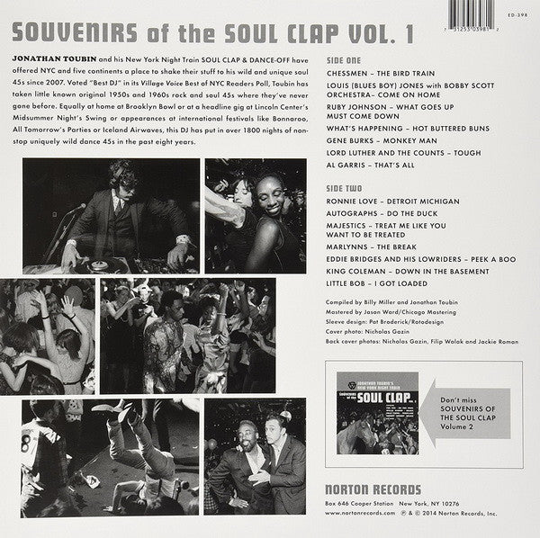 Image of Back Cover of LP - VG+/VG+ - VARIOUS, Souvenirs Of The Soul Clap Vol. 1 - Jonathan Toubin's New York Night Train (Norton Records; ED-398, US 2014, Picture Sleeve), ,  - 0726434E