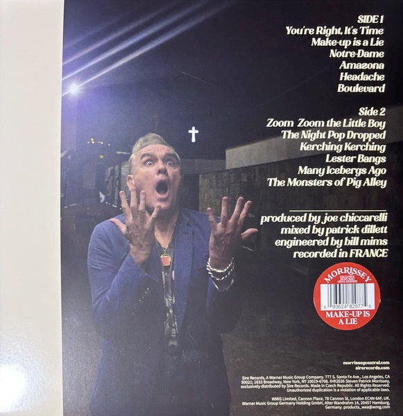 Image of Back Cover of LP - NEW/NEW - MORRISSEY, Make-Up Is A Lie (Warner Records; 93624829775, Europe 2026, Gatefold, Inner, Indies Exclusive Red Vinyl), ,  - 1016077C