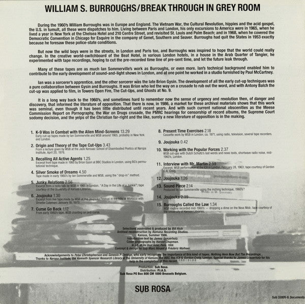 Image of Back Cover of LP - VG+/VG+ - WILLIAM S. BURROUGHS, Break Through In Grey Room (Sub Rosa; SUB 33005-8, Belgium 1986), ,  - 0846014S