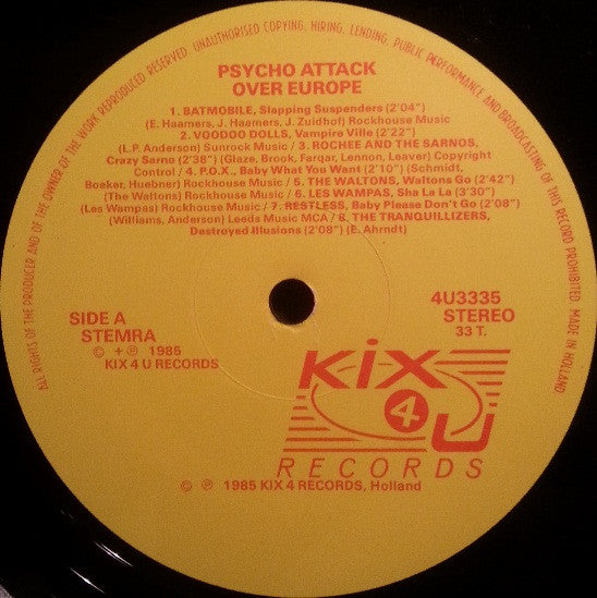 Image of Label Cover of LP - VG+/VG - VARIOUS, Psycho Attack Over Europe ! (KIX 4 U Records; KIX 4 U 3335, Netherlands 1985, Insert), ,  - 0726360E