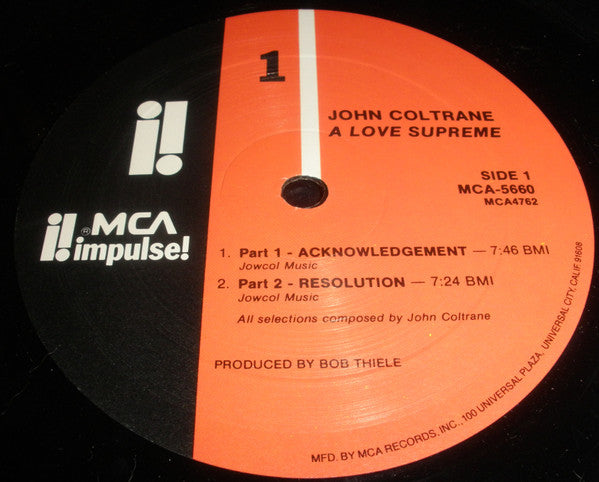 Image of Label Cover of LP - VG/VG+ - JOHN COLTRANE, A Love Supreme (MCA Impulse!; MCA-5660, US 1986 Reissue, Inner), ,  - 2646242S