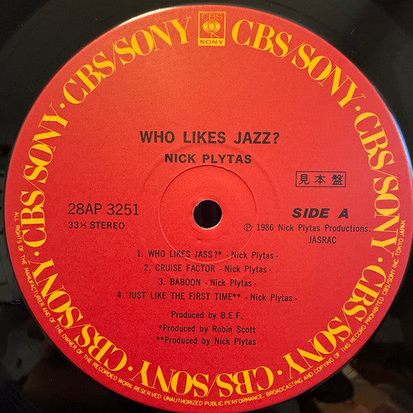 Image of Label Cover of LP - VG+/VG+ - NICK PLYTAS, Who Likes Jazz? (CBS/Sony; 28AP 3251, Japan 1986, Promo, Booklet, Missing the OBI), Sample sticker on rear.,  - 0826104E