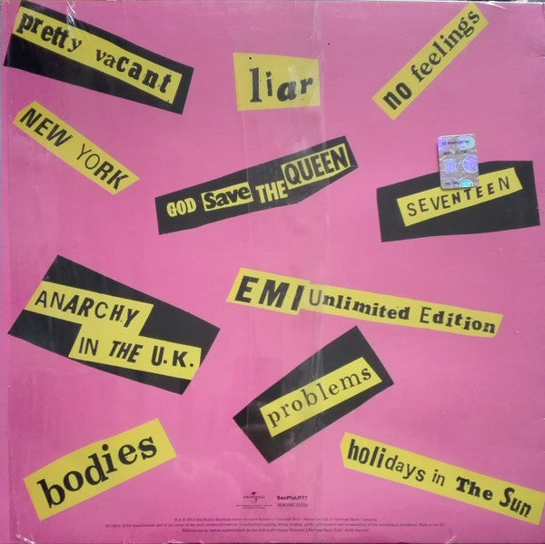 Image of Back Cover of LP - VG/VG+ - SEX PISTOLS, Never Mind The Bollocks, Here's The Sex Pistols (Universal Music Group International; SexPisLP77, Italy 2016 Reissue, Inner, 180 Gram Vinyl), Just a coule of light pinches to sleeve edge,  - 2516108C