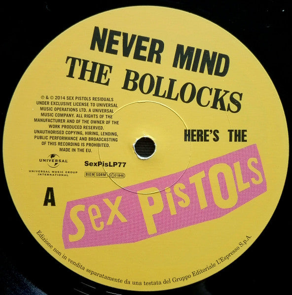Image of Label Cover of LP - VG/VG+ - SEX PISTOLS, Never Mind The Bollocks, Here's The Sex Pistols (Universal Music Group International; SexPisLP77, Italy 2016 Reissue, Inner, 180 Gram Vinyl), Just a coule of light pinches to sleeve edge,  - 2516108C