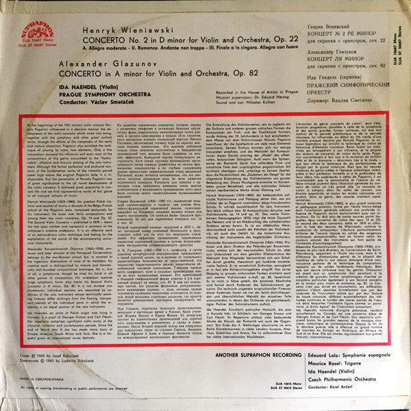 Image of Back Cover of LP - VG/VG+ - IDA HAENDEL, Wieniawski: Violin Concerto No. 2 In D Minor, Glazunov: Violin Concerto In A Minor (Supraphon; SUA ST 50687, Czechoslovakia 1966, Laminated Flipback Sleeve, Stereo), Minor Delamination on Front Sleeve, Otherwise LovelyCopy,  - 0826078E