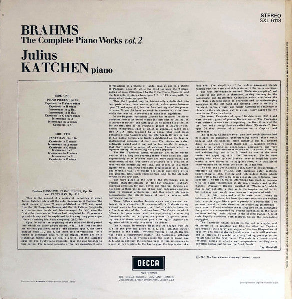 Image of Back Cover of LP - EX/VG+ - JULIUS KATCHEN, Brahms: The Complete Piano Works Vol. 2 (Decca Black Boxed Narrowband; SXL 6118, UK 1976, Laminated Front Sleeve), ,  - 0826079E