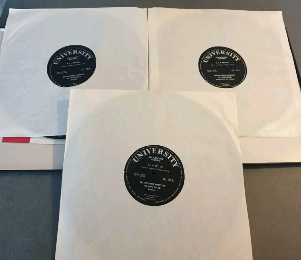 Image of Label Cover of 3xLP - VG+/VG+ - A.J.P. TAYLOR, British Prime Ministers: Six Who Ruled (University Educational Records; UNI 103, UK 1964, Box Set, Booklet), ,  - 0826082E