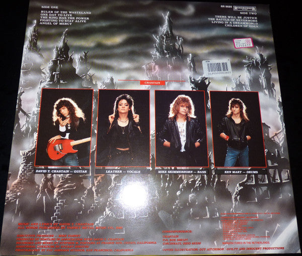 Image of Back Cover of LP - VG/VG+ - CHASTAIN, Ruler Of The Wasteland (Roadrunner Records; RR 9689, Europe 1986, Missing the lyric sheet), , A few light hairlines only. Edgewear. No lyric sheet but does have one page bio from Roadrunner included and a photo of David Chastain! - 0826192E