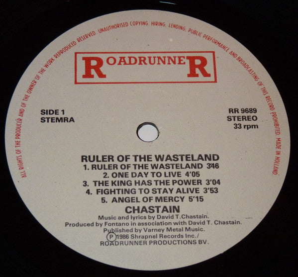 Image of Label Cover of LP - VG/VG+ - CHASTAIN, Ruler Of The Wasteland (Roadrunner Records; RR 9689, Europe 1986, Missing the lyric sheet), , A few light hairlines only. Edgewear. No lyric sheet but does have one page bio from Roadrunner included and a photo of David Chastain! - 0826192E