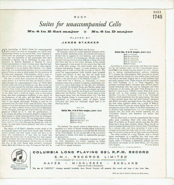 Image of Back Cover of LP - EX/VG+ - JANOS STARKER, Bach: Suites For Unaccompanied Cello No. 4 In E Flat Major / No. 6 In D Major (Columbia Purple and Gold; 33CX 1745, UK 1961, Laminated Flipback Sleeve), ,  - 0826089E