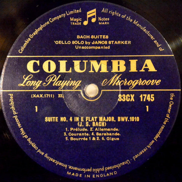 Image of Label Cover of LP - EX/VG+ - JANOS STARKER, Bach: Suites For Unaccompanied Cello No. 4 In E Flat Major / No. 6 In D Major (Columbia Purple and Gold; 33CX 1745, UK 1961, Laminated Flipback Sleeve), ,  - 0826089E
