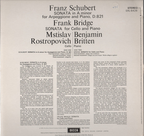 Image of Back Cover of LP - VG+/VG+ - MSTISLAV ROSTROPOVICH AND BENJAMIN BRITTEN, Schubert: Sonata For Arpeggione And Piano / Bridge: Sonata For Cello And Piano (Decca Black Boxed Narrowband; SXL 6426, UK 1977 Reissue, Laminated Front Sleeve, Company Inner (10-76), 4 Page Decca Insert Celebrating the Music of Britten., Made in England on Label), ,  - 0826090E