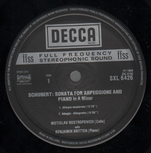 Image of Label Cover of LP - VG+/VG+ - MSTISLAV ROSTROPOVICH AND BENJAMIN BRITTEN, Schubert: Sonata For Arpeggione And Piano / Bridge: Sonata For Cello And Piano (Decca Black Boxed Narrowband; SXL 6426, UK 1977 Reissue, Laminated Front Sleeve, Company Inner (10-76), 4 Page Decca Insert Celebrating the Music of Britten., Made in England on Label), ,  - 0826090E