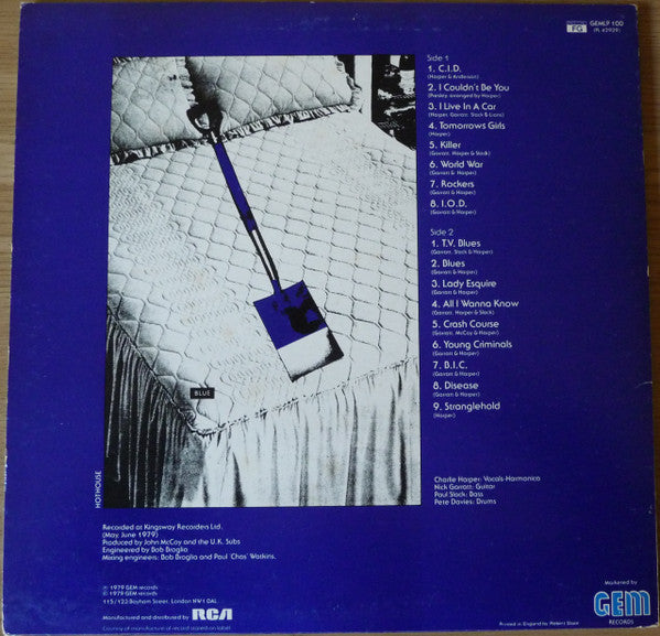 Image of Back Cover of LP - G+/G+ - U.K. SUBS, Another Kind Of Blues (GEM; GEMLP 100, UK 1979 Reissue, Inner), Edge and ring wear, old shop stickers.,  - 0846133S
