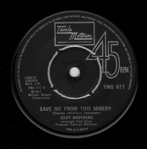 Image of Back Cover of 7" - /G+ - ISLEY BROTHERS, Tell Me It's Just A Rumour Baby / Save Me From This Misery (Tamla Motown; TMG 877, UK 1973 Reissue, Plain Sleeve, 4 prong centre), Light marks. Plays strong. Light sticker residue on label.,  - 0826258E